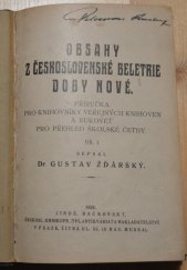 kniha Obsahy z československé beletrie doby nové I.  Příručka pro knihovníky veřejných knihoven a rukověť pro přehled školské četby., J. Bačkovský 1924