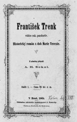 kniha František Trenk, vůdce rakouských pandurův historický román z dob Marie Teresie, Nákladem národního kněhkupectví J. Pustovky 1865