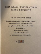 kniha John Keats Fanny Brownové dopisy a verše, Václav Pour 1933