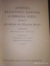 kniha Armáda, brannost národa a obrana státu projevy presidenta Edvarda Beneše : z projevů od 18.XII.1935-2.VII.1937, Svaz čs. důstojnictva 1938