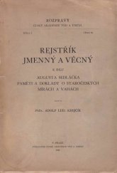 kniha Rejstřík jmenný a věcný k dílu Augusta Sedláčka Paměti a doklady o staročeských mírách a vahách, Česká akademie věd a umění 1933