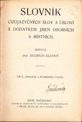 kniha Slovník cizojazyčných slov a úsloví v češtině se vyskytujících s dodatkem jmen osobních a místních, Bačkovský 1922