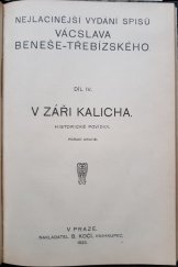 kniha V záři kalicha Pořadí první historické povídky., B. Kočí 1923