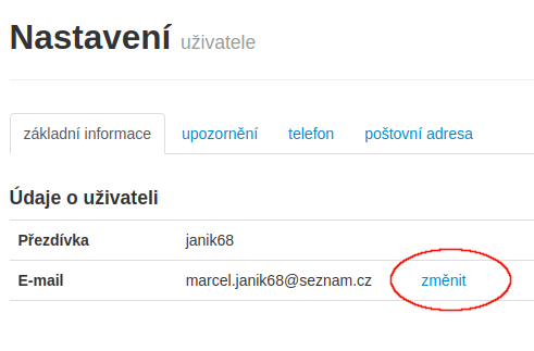 Ukázka, jak změnit email v profilu